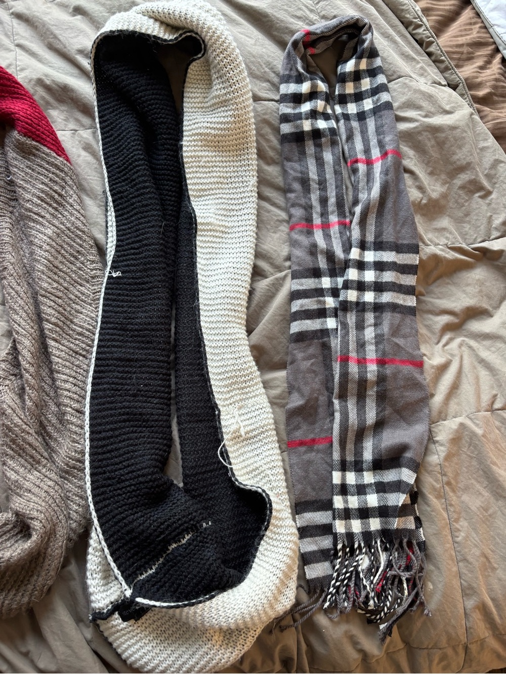 Womens Black & White Knit Infinity Scarf and Gray Plaid Fringe Wrap